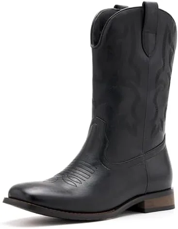 vodvob cowboy boots for men classic embroidered western boots slip resistant square toe chunky heel ankle boots durable and fashionable retro short boots