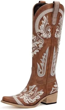 vodvob western cowboy boots for women embroidered rhinestones knee high cowgirl boots pointed toe chunky heel fashion retro classic tall boot